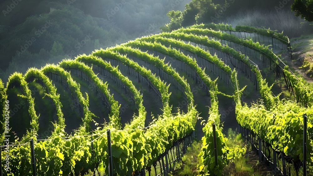Fototapeta premium Sunny Vineyard Hills: Rows of Neatly Aligned Vines Adding Depth. Concept Vineyard Views, Lush Landscapes, Sun-kissed Rows, Picturesque Vistas