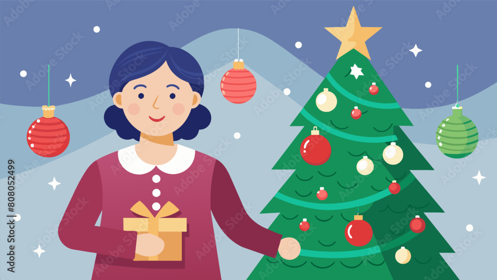 A mother proudly showing off her Christmas tree decorated with vintage ornaments passed down through generations.. Vector illustration A mother proudly showing off her Christmas tree decorated with vintage ornaments passed down through generations.. Vector illustration