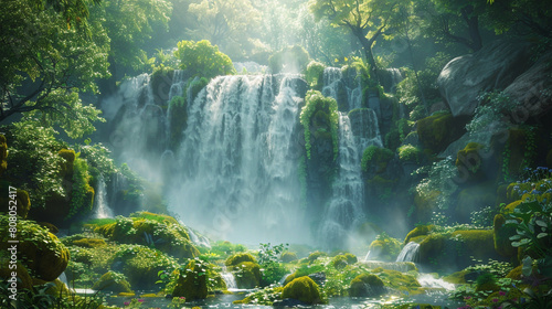 A majestic waterfall cascading down moss-covered rocks, surrounded by lush greenery. 