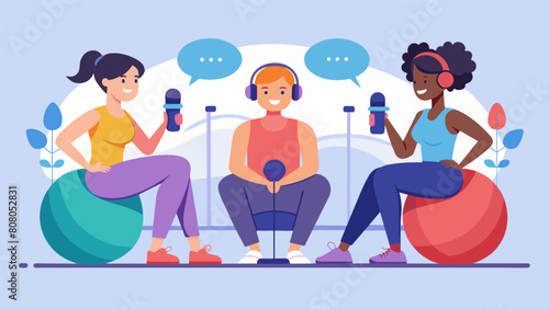 Two friends sitting on exercise balls in a podcast studio passionately debating the pros and cons of popular diets and nutrition plans.. Vector illustration