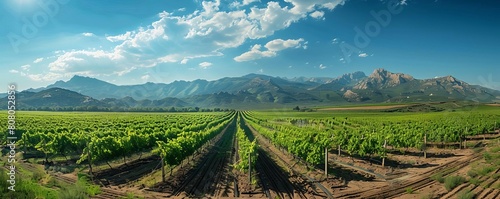 A beautiful landscape with a large field of grapes and mountains in the background. The sky is clear and the sun is shining, creating a serene and peaceful atmosphere