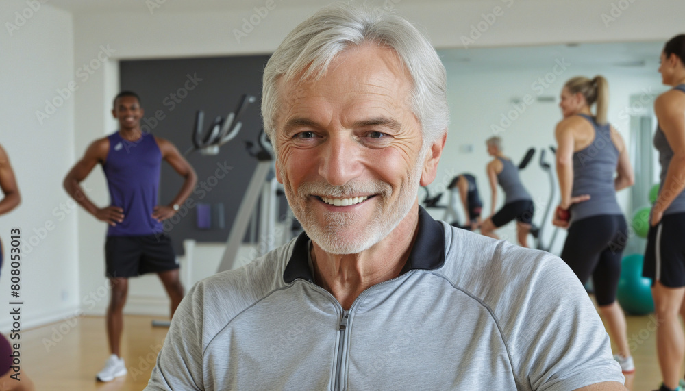 Energetic older man embraces active lifestyle, joining fitness enthusiasts in a gym class Energetic older man embraces active lifestyle, joining fitness enthusiasts in a gym class