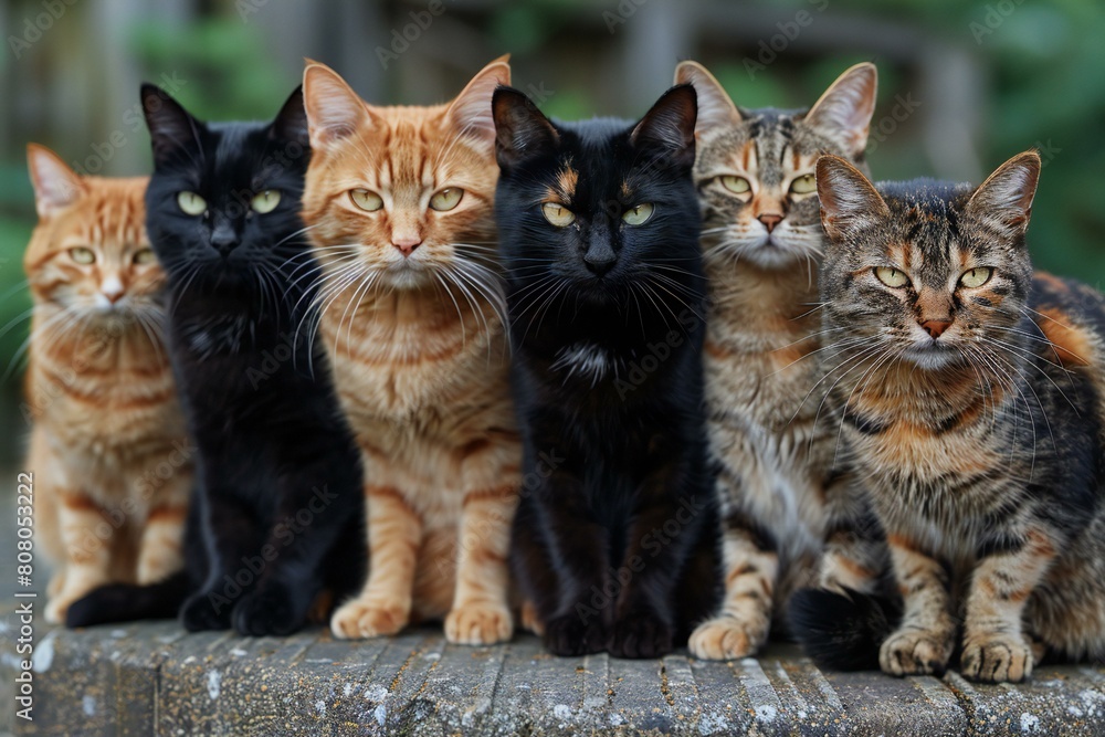Group of four cats sitting in a row and looking at the camera