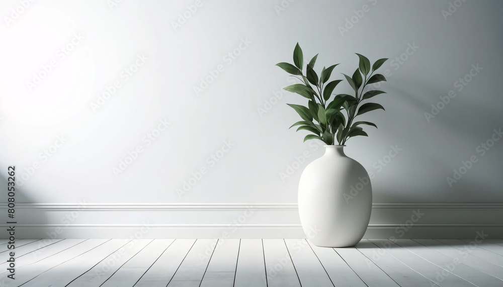 A minimalist interior design scene with a large white ceramic vase holding a green leafy plant positioned on the right side A minimalist interior design scene with a large white ceramic vase holding a green leafy plant positioned on the right side