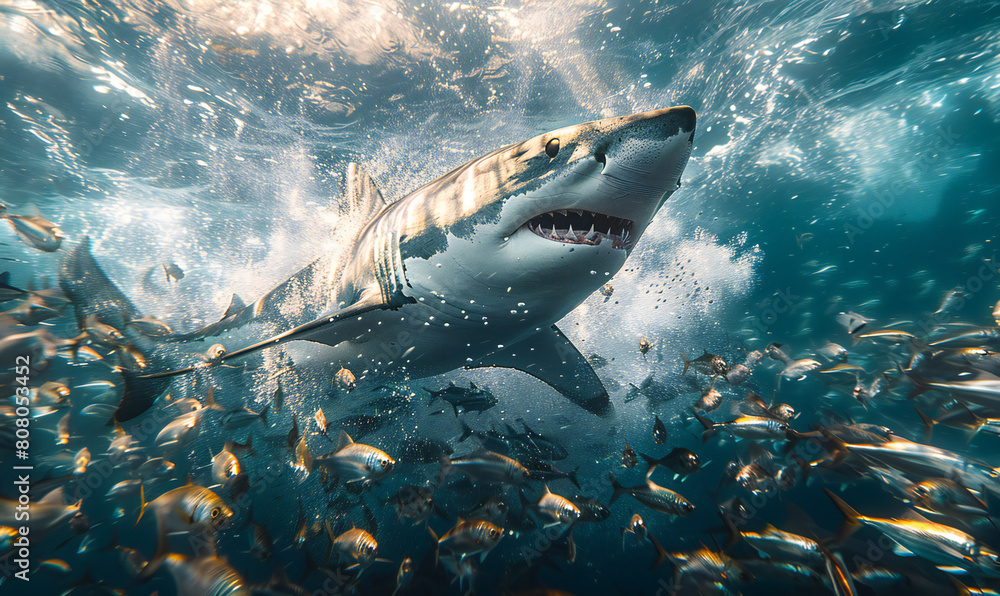 Fototapeta premium Shark Hunting Sardines in Ocean