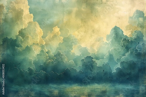 Abstract watercolor background with clouds on the sky and the river