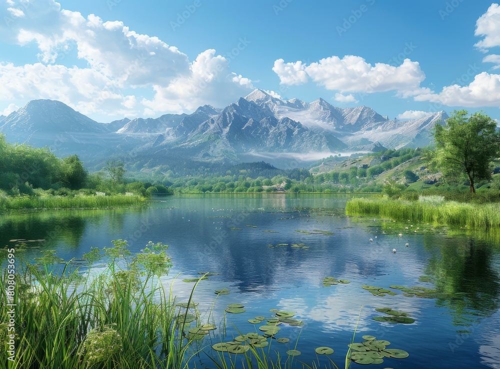 Mountains, lake and green plants