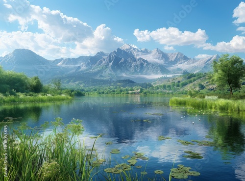 Mountains, lake and green plants