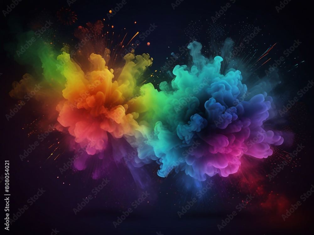 Obraz premium Colorful vibrant glittering fireworks Background with glow smoke and confetti banner ai generative