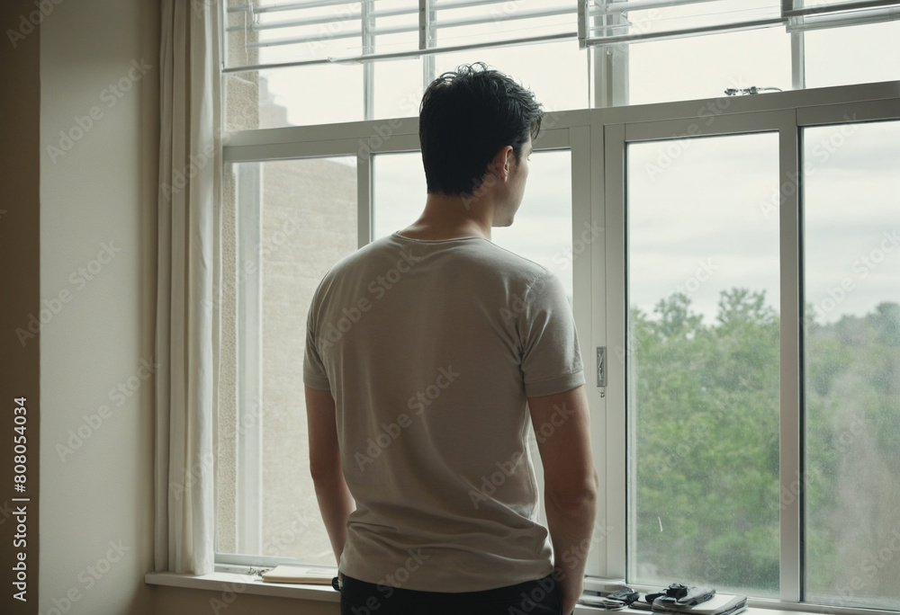 Lonely man looking out the window in a dark room, deep in thought and feeling sad Lonely man looking out the window in a dark room, deep in thought and feeling sad