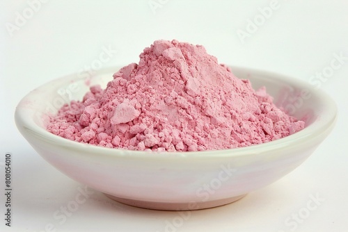 Pink powder in a bowl on white background, closeup of photo
