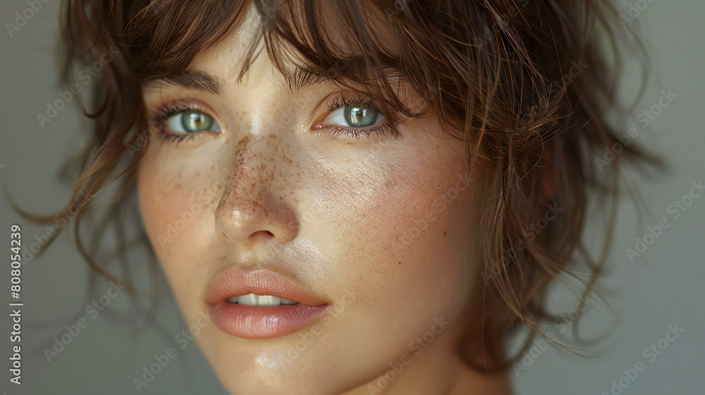Close-Up Portrait of a Young Brunette Woman with a Short Bob Haircut Close-Up Portrait of a Young Brunette Woman with a Short Bob Haircut