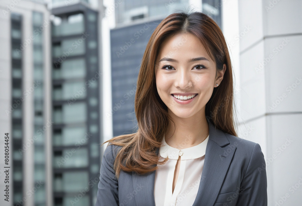 Confident young Japanese businesswoman smiling in the office Confident young Japanese businesswoman smiling in the office