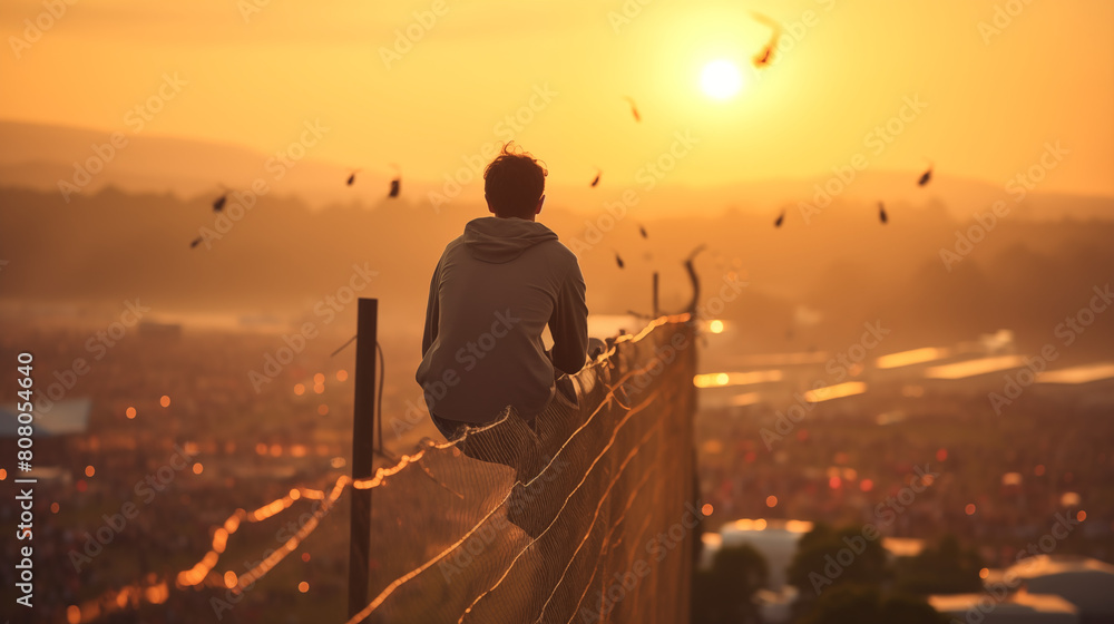A lone festival goer perched on a fence post, watching the sunset from a distance