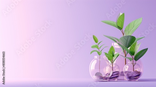 3D illustration of small tree growth in jars with gold coins on a purple background. profit investment, business concept