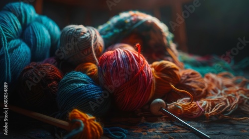 A conceptual abstract photo of tangled yarn and knitting needles, with abstract shapes and textures forming a tapestry of creativity and craftsmanship,  photo