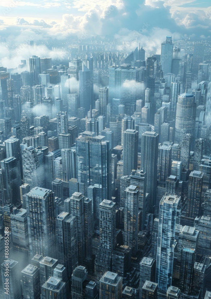 Aä¿¯çž°å›¾of a futuristic city with skyscrapers and clouds