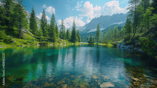 A breathtaking alpine scene featuring a crystal-clear pond surrounded by lush green trees, with majestic mountains in the background and vibrant blue skies above. photo