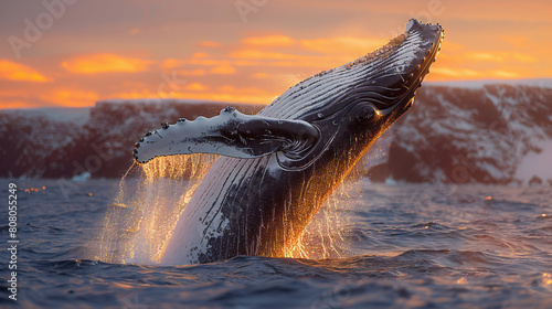 Humpback Whale Jumping at Sunset © Tharshan