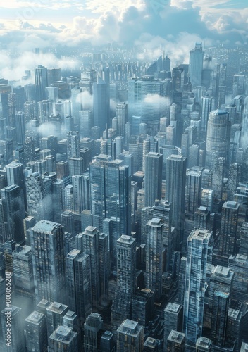 A                   of a futuristic city with skyscrapers and clouds