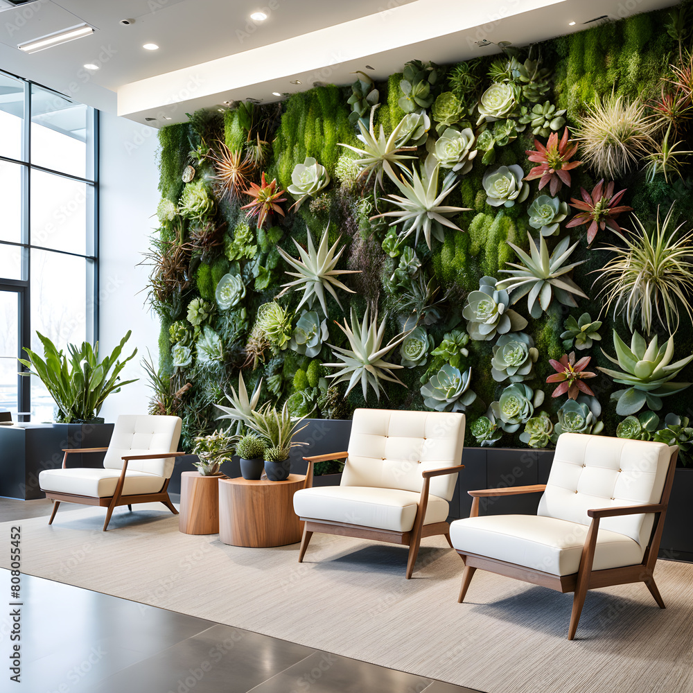 Interior of a modern hotel lobby with green plants and armchairs