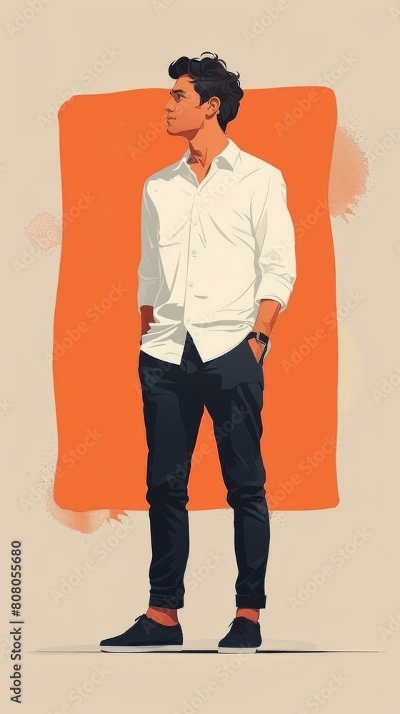A man standing in front of an orange background A man standing in front of an orange background