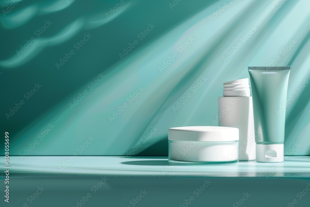 Serene turquoise backdrop showcasing unbranded skin care essentials in an elegant mockup Serene turquoise backdrop showcasing unbranded skin care essentials in an elegant mockup