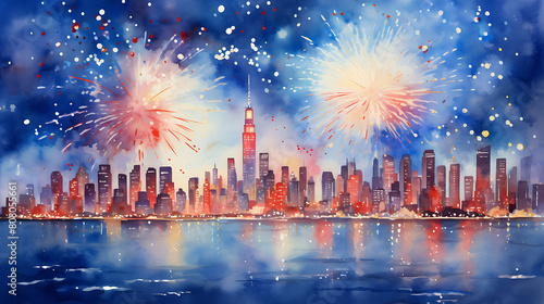 Create a watercolor background capturing the festive atmosphere of a New Year s Eve fireworks display over the city