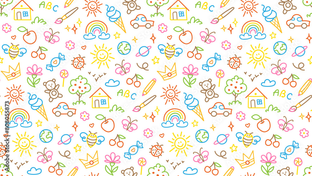 Seamless pattern with line doodle children drawing. Fun icons, childish drawings such as flower, ice cream, candy, sun, house, tree, apple, heart, stars isolated on white background. Seamless pattern with line doodle children drawing. Fun icons, childish drawings such as flower, ice cream, candy, sun, house, tree, apple, heart, stars isolated on white background.