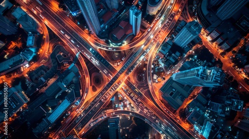 Aerial view of roads and intersections lit up by city lights  urban sprawl