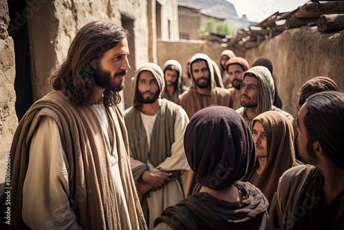 jesus is standing in front of a crowd of people and talking to them