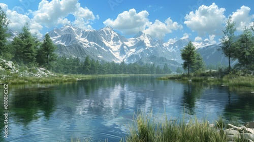 Mountains, lake and trees landscape