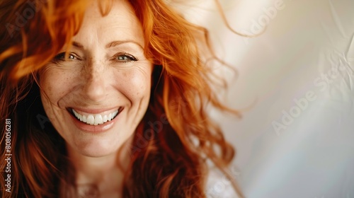 Portrait of smiling mature woman looking at camera with big grin Successful middle aged woman at home smiling Beautiful mid adult lady with long red hair enjoying whitening teeth treat : Generative AI photo