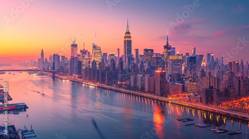Manhattan skyline, Empire State Building, One World Trade Center, Brooklyn Bridge, FDR Drive, Hudson River, East River, Central Park, Streetlights, building illumination, Pedestrians, cyclists photo