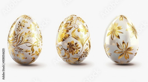 3 easter eggs with gold floral ornamentation isolated on white background realistic