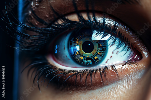 eye iris closeup, pupil, shapes with reflections, biometric scan technology, close up, green eyes, woman face
