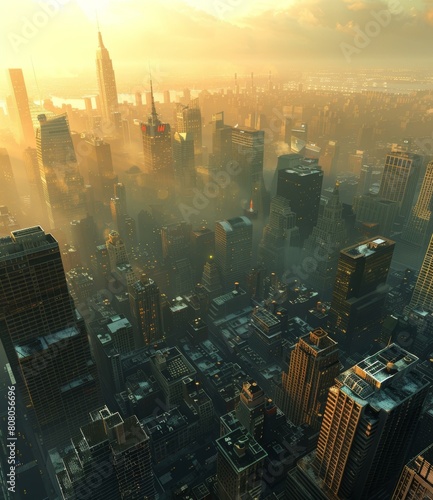 A Metropolis with Towering Skyscrapers and a Misty Skyline