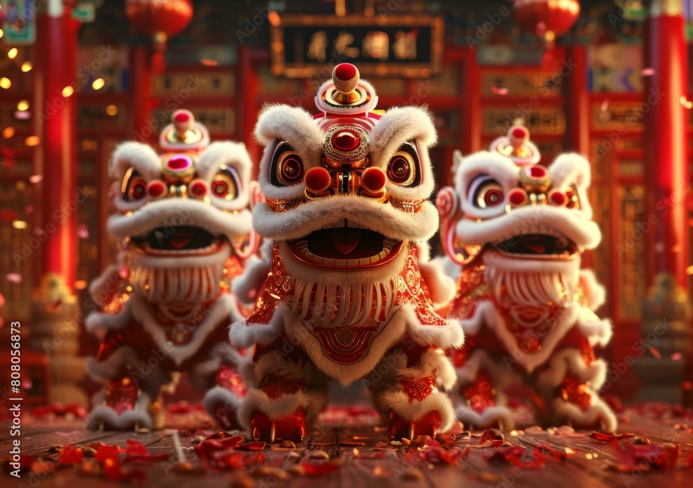 Fototapeta premium Three fluffy Chinese lions perform a traditional lion dance to celebrate the Spring Festival.
