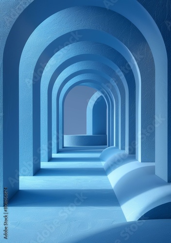 Blue arched hallway with a bright spotlight at the end