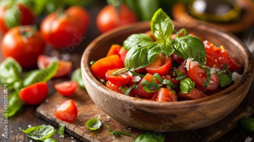 A wooden bowl filled with tomatoes and basil leaves on a cutting board  AI