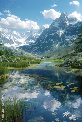 Mountains, lake and flowers