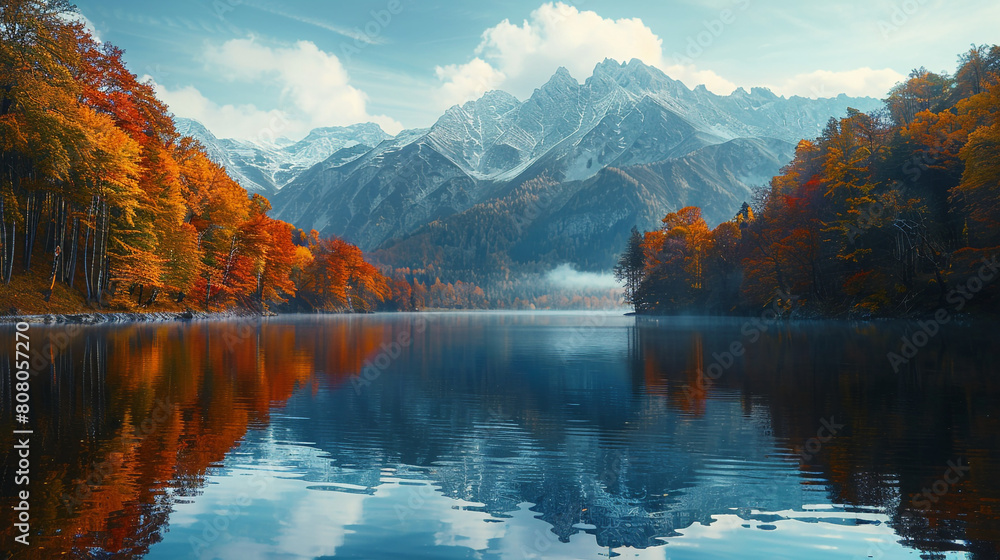 A serene lake reflecting towering mountains and colorful autumn foliage, a picture-perfect scene. 