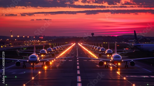 An airport runway at sunset  with planes lined up for departure  travel anticipation
