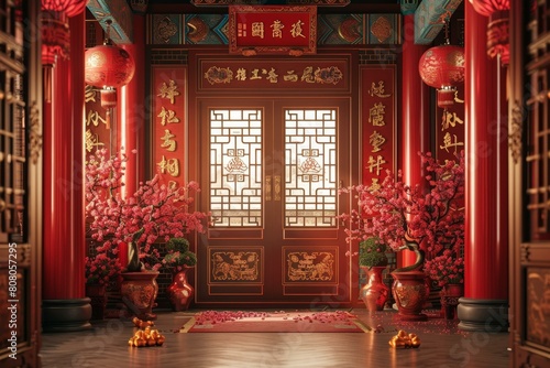 Chinese style house gate with red lanterns and pink flowers