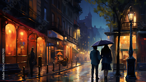 Create a watercolor background capturing the essence of a rainy city street at night © Graphics Bar