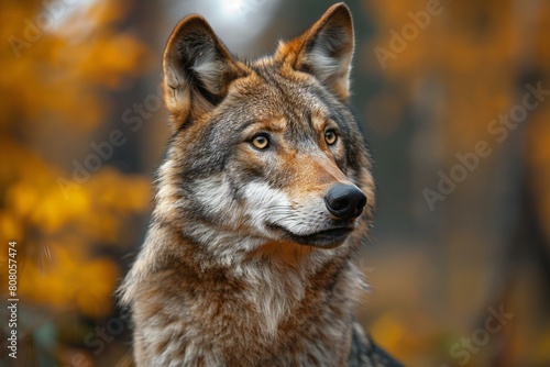 Portrait of a wolf in the autumn forest   Close-up