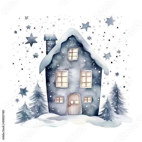 Watercolor illustration of blue house with snow-covered roof and glowing windows, under a starry sky, isolated on white background.