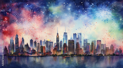 a watercolor background capturing the festive atmosphere of a New Year's Eve fireworks display over the city © Graphics Bar
