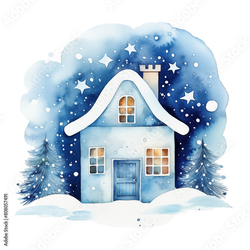 Watercolor small blue house under a snowy, star-filled sky, framed by pine trees.