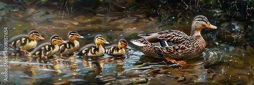 A mother duck takes her ducklings to the water